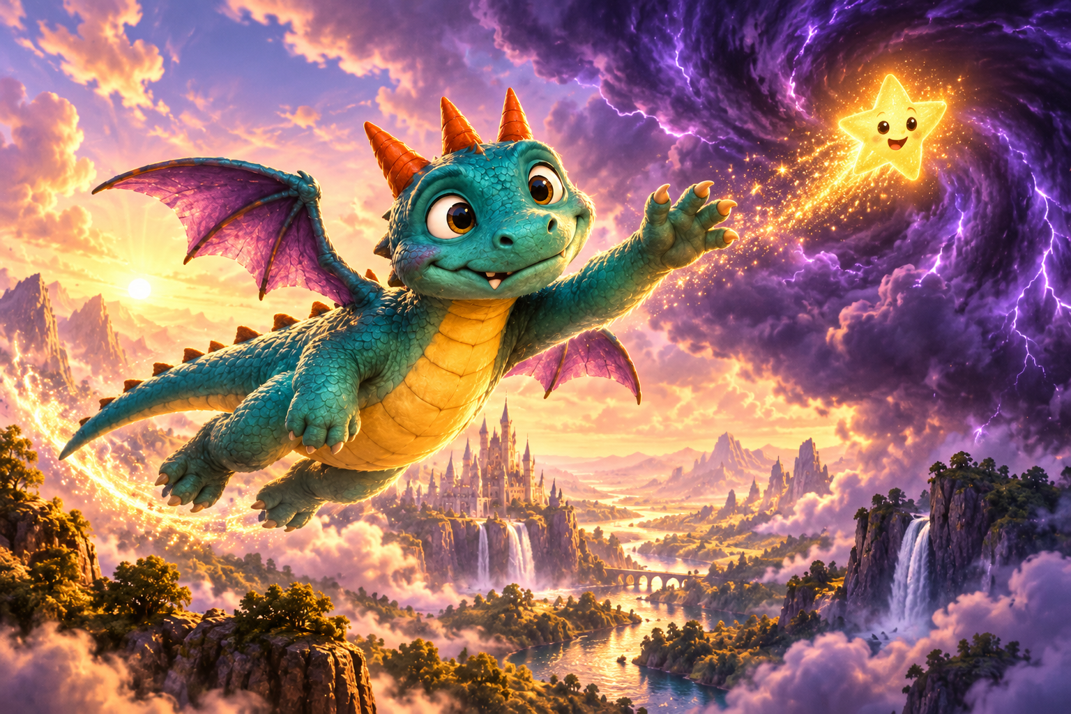 DEMO example: a child's original crayon drawing of a teal dragon on the left, and its finished polished fantasy Legendary Portrait on the right